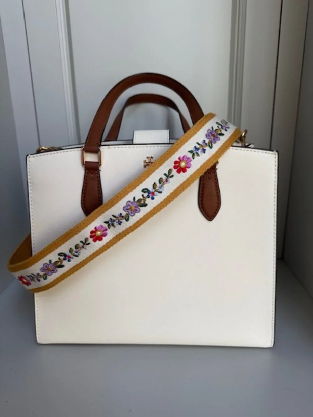 Tory Burch Cream Leather Satchel with Brown Handles and Yellow Floral Strap